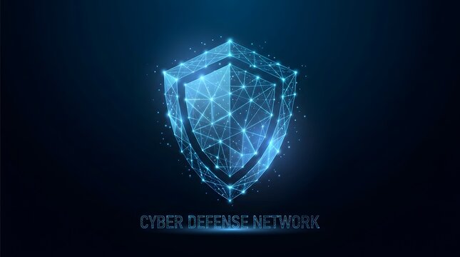 Digital shield icon representing cybersecurity and data protection with glowing blue light effects on dark background