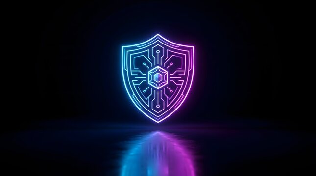 Abstract digital shield icon with glowing neon lines representing cyber security and data protection technology concept
