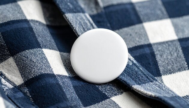 Close-up white Circle badge on a plaid shirt. Blank round pin mockup of clothing