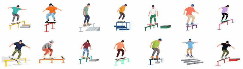 Fototapeta premium Set of skateboarders performing street tricks on rails and ledges, flat vector illustration isolated on white background