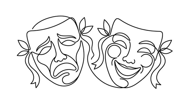 Comedy and Tragedy Theater Masks Minimalist One Line Drawing