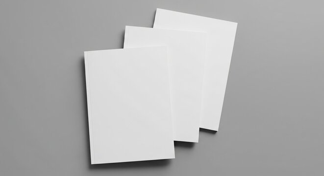 Blank white brochure or book mockup featuring three stacked clean paper covers on a solid neutral gray background for professional design presentation