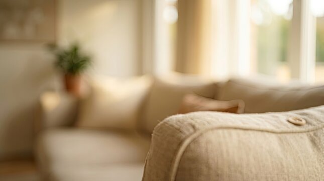 Cozy living room with couch and window light, soft focus interior design background