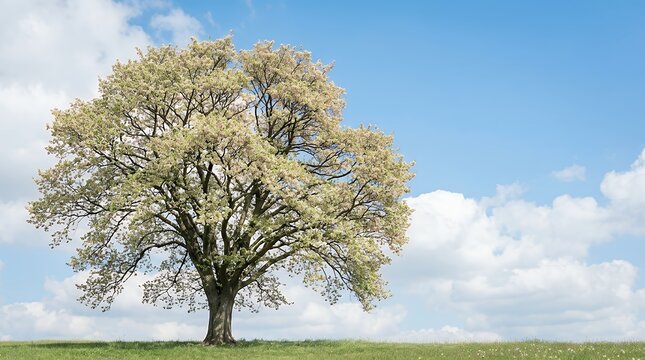 A magnificent huge flowering elm tree covered in blooms against a backdrop of blue sky and clouds a stunning symbol of spring nature and seasonal renewal. huge flowering elm tree flowering elm tree