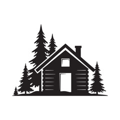 Obraz premium Cabin And Evergreen Trees Silhouette On White Background