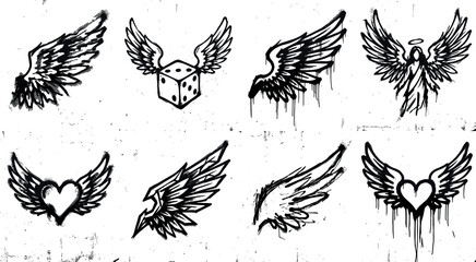 Graffiti angel wings vector set featuring winged hearts flying dice gothic sketchy elements and urban street art paint drip icons. © mstRabea