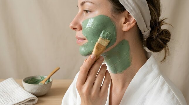 Close up view of a woman using a wooden brush to apply a thick green clay mask to her face and neck.
