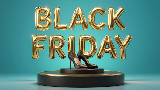 Black Friday sale promotion with golden foil balloons and elegant black high-heel shoes on a display podium. Perfect for shopping deals and special offers on a turquoise background