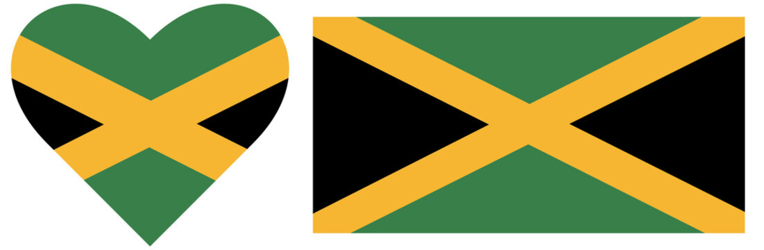 Jamaica flags collection. Flag of Jamaica isolated in heart shape. Rectangular flag of Jamaica isolated.