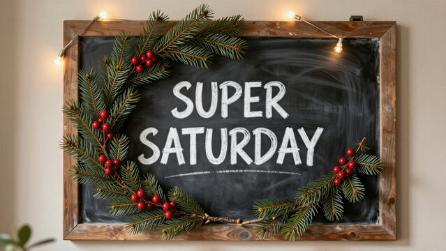Super Saturday text on a chalkboard with pine branch and berry. Festive holiday sale announcement featuring string light and wood frame
