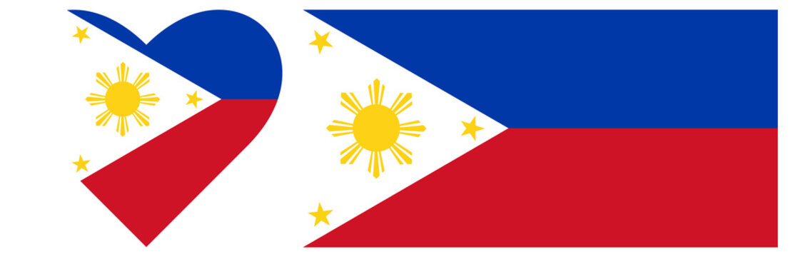 Philippines flags set. Flag of Philippines isolated in heart shape. Rectangular flag of Philippines isolated.