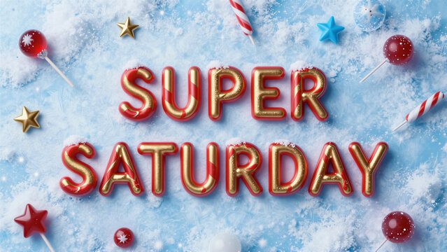 Super Saturday sale banner on frosty snow. Red and gold candy lettering with festive decoration for holiday retail