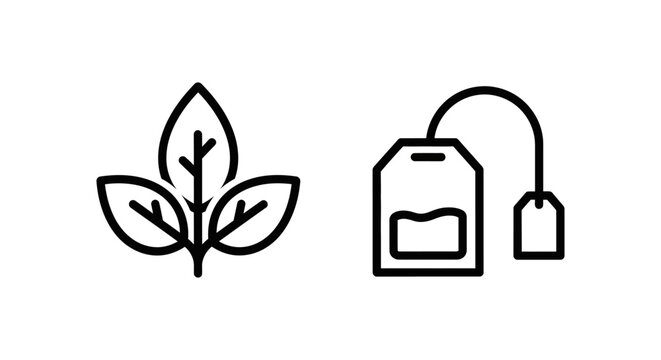 Organic herbal leaves and tea infusion bag icons for natural beverage concepts with infusion beverage botanical steeping wellness caffeine lifestyle minimalist refreshment