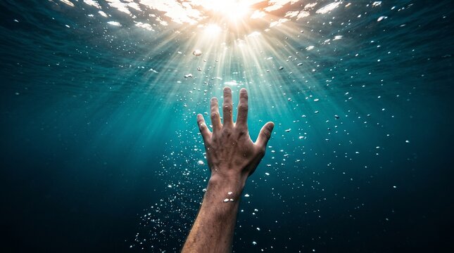 Hand reaching up towards sunlight rays from underwater, drowning person asking for help, hope salvation despair.