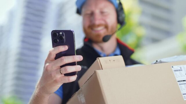 A delivery person stands in a busy city area. He holds a large package and looks at his phone. The background shows tall buildings and greenery.