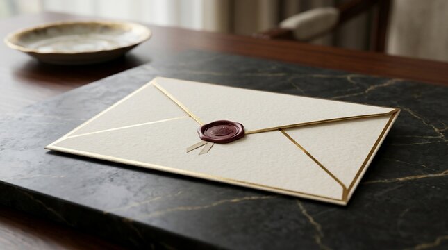 Elegant sealed envelope with wax seal on a dark surface invitation or letter concept