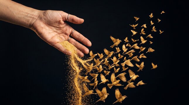 Open hand scattering golden sand, flock of birds flying away, concept of freedom release letting go new beginning.