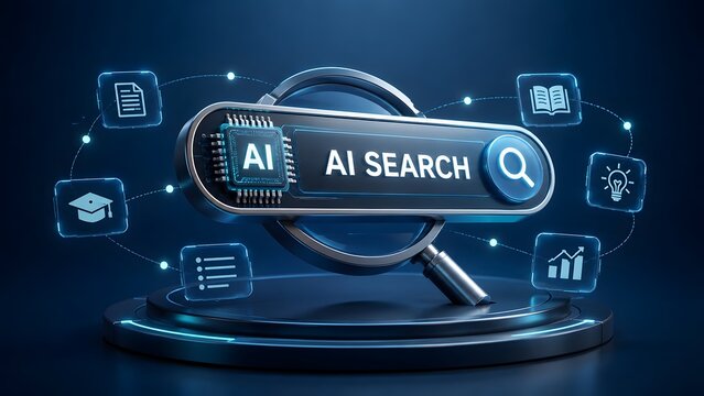 Futuristic AI Search Engine Interface with 3D Magnifying Glass Microchip and Floating Digital Knowledge Icons on Dark Blue Background