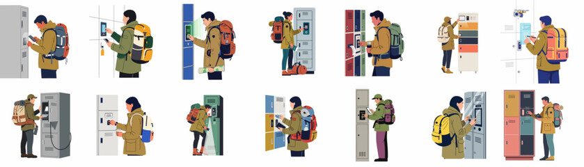 Fototapeta premium Collection of Travelers and Hikers Using Modern Smart Lockers with Digital Access, Biometric Security, and Mobile Apps in a Flat Illustration Style