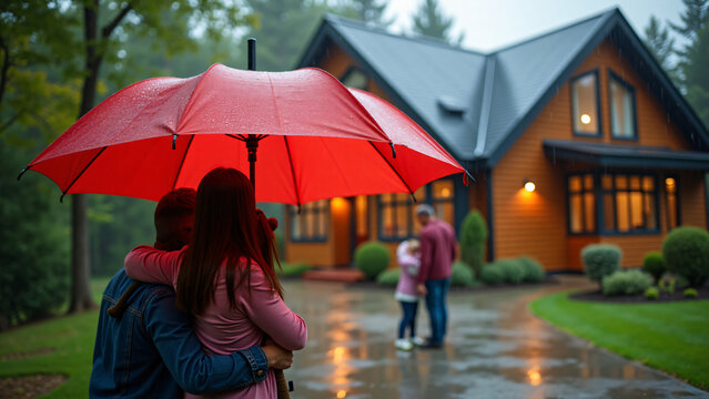Rainy Day Family Shelter A vibrant red umbrella provides shelter to a family near their home during a storm. The camera is slightly