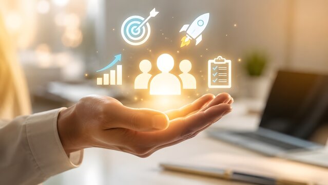 Businessman Hand Holding Glowing Holographic Icons for Team Motivation Startup Goal and Success Strategy
