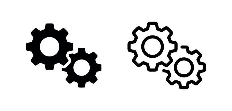 Two gears or cogs icon symbol in solid and outline style for settings and mechanism