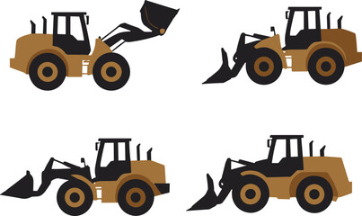 Four stylized brown dump trucks with black wheels and shovels © Ismail