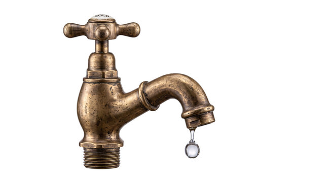 Antique brass water faucet with a single dripping png isolated on transparent background