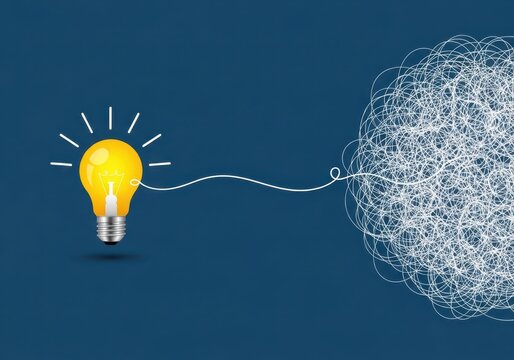 Glowing Light Bulb Untangling Complex Scribble Mess Representing Creative Problem Solving and Innovation Concept