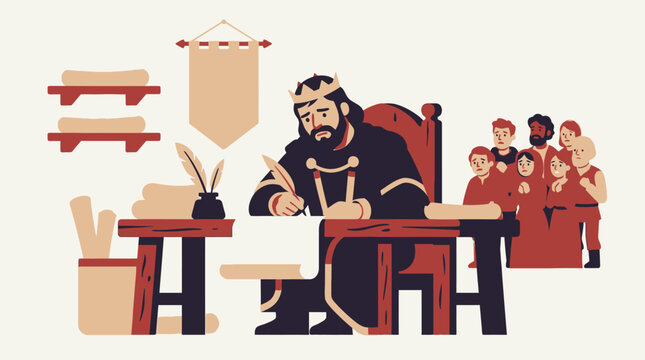 King writing at desk with courtiers watching, medieval illustration style, historical scene