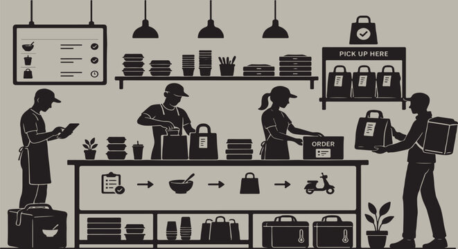 a commercial restaurant food delivery packaging station with staff preparing takeaway orders, pickup shelves, delivery courier, online ordering workflow, and meal packaging process