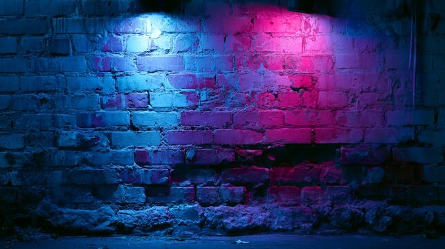 Elegant modern brick wall illuminated with vibrant neon purple and electric blue lighting creating a futuristic yet warm ambiance in a dimly lit industrial space