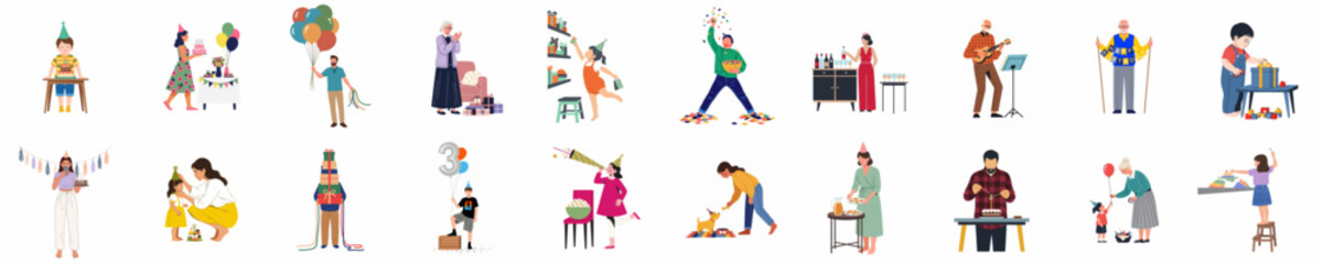 Fototapeta premium Set of Flat Vector Illustrations Featuring People of All Ages Celebrating Birthdays with Cakes, Gifts, and Decorations