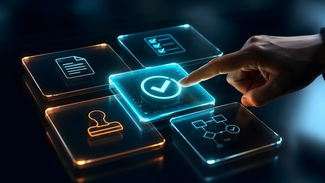 Businessman Hand Touching Glowing Checkmark Button on Digital Glass Interface for Quality Control and Approval Concept