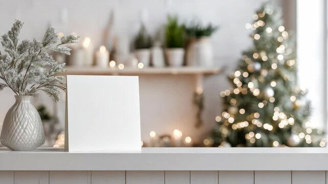 Blank greeting card mockup on table with festive Christmas tree background, elegant holiday interior decor for seasonal invitation or message