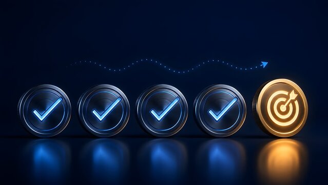 3D Golden Target Bullseye Coin Following Blue Checkmark Milestones for Business Strategy and Success Progression