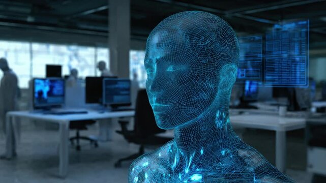 Artificial Intelligence human head hologram with digital wireframe structure in a modern office environment for advanced technology data concepts