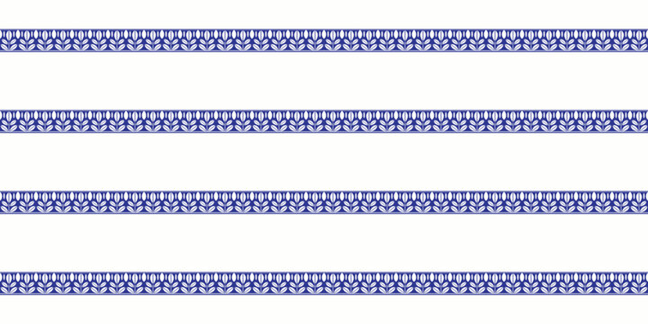 Seamless royal blue horizontal leaf lace border pattern with geometric stripes for classic porcelain wallpaper art