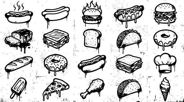 Graffiti fast food vector icon set featuring black dripping spray paint hamburger hot dog pizza taco and donut stencils