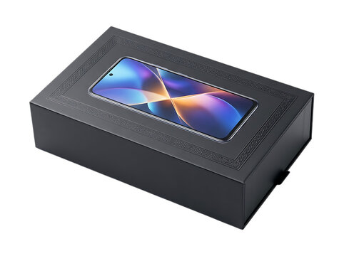 Black smartphone box packaging with a modern mobile phone display shown on the lid