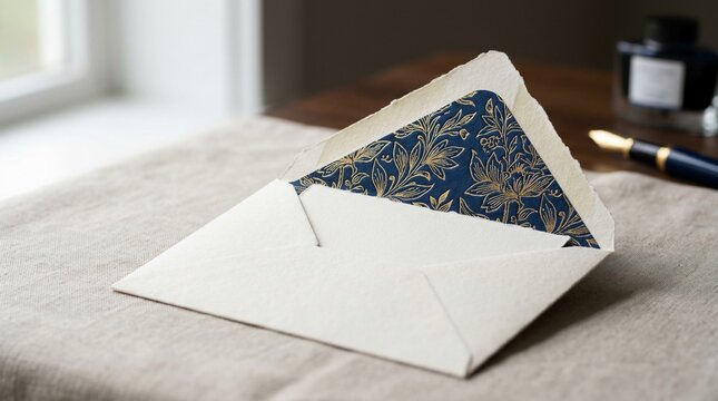 Open envelope with decorative paper and writing tools on table