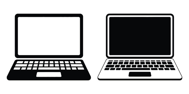 Laptop computer icon set, minimal flat design, screen, keyboard, notebook, portable PC, technology device, editable vector, isolated on transparent background.