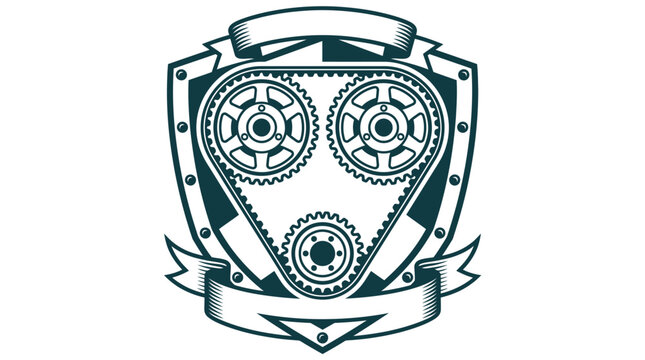 Automotive engine timing belt and cam gear pulley assembly illustrated inside a riveted shield badge with blank ribbon banners, monochromatic line art for vehicle repair service.