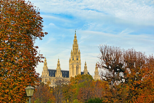 Scenic View of the Historic Wiener Rathaus Vienna City Hall framed by Autumn Trees