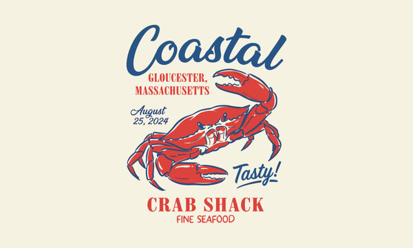 This vintage red crab graphic is for a Gloucester Massachusetts seafood restaurant and coastal shack