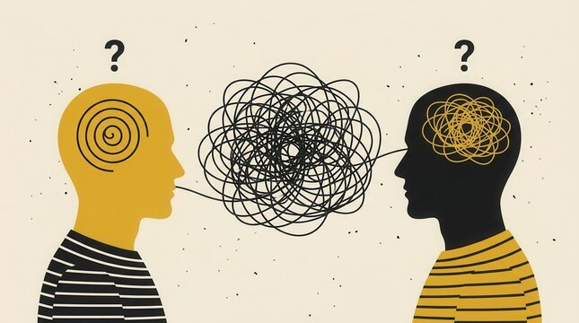 Chaotic tangled lines and question marks between two profiles face to face illustrating confusion and miscommunication.