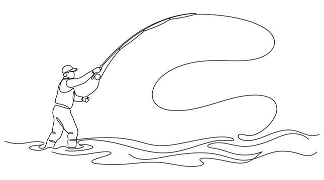 Continuous line drawing of a fly fisherman casting in a river