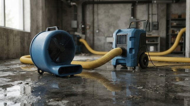 Flood cleanup process using blue industrial dehumidifier and fan on wet concrete floor