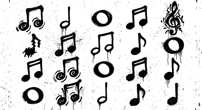 Graffiti music notes vector icon set featuring black dripping spray paint musical staff notation symbols and treble clef stencils