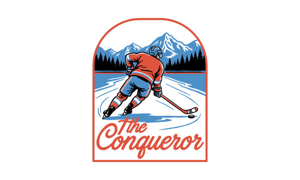 Vintage illustration of a hockey player skating on an icy mountain lake with Conqueror text